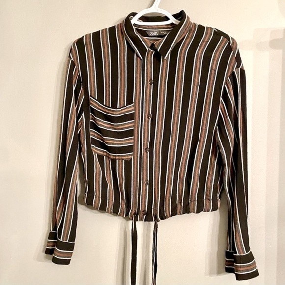 Zara Striped, Button Down, Front Tie Cropped Shirt - Picture 5 of 8